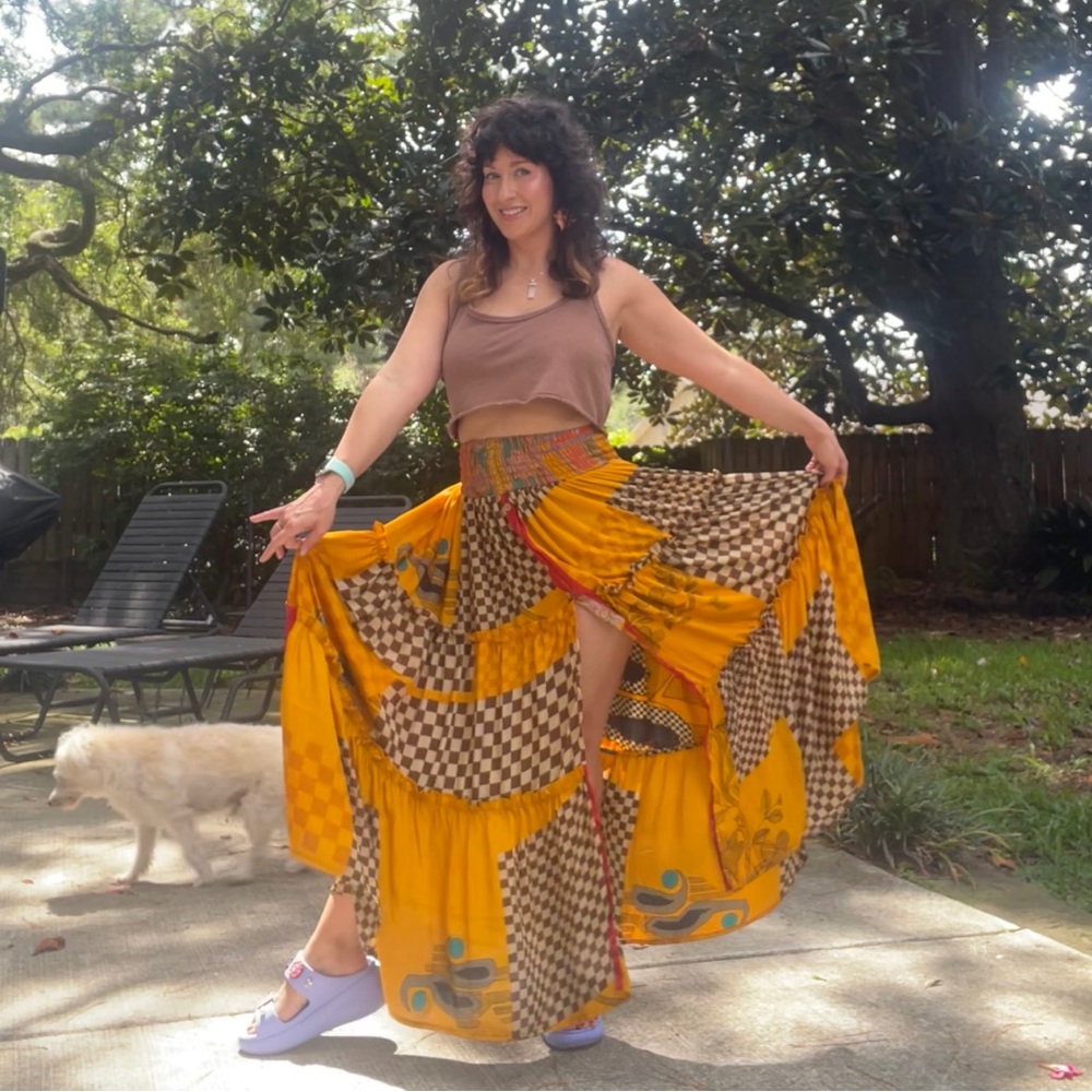 Amazing silk monarch maxi skirt from Kantha Bae.
